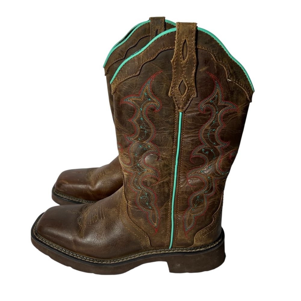 Justin Boots Brown Leather Western Boots with Turquoise Trim